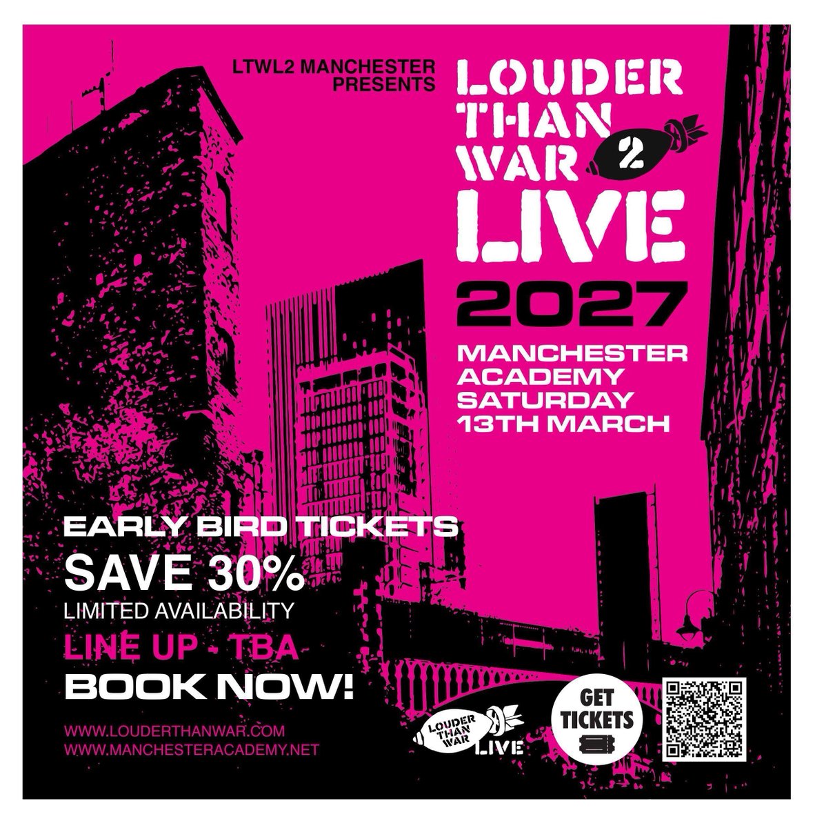 MancAcademy's tweet photo. 🔥 NEW: Louder Than War LIVE 2027 - back for round 2!

❣️Line up TBA 

📆 Saturday 13th March 2027 // Manchester Academy Venues

🎟️ Limited early bird tickets available now via https://t.co/BpdBBdO5V7 https://t.co/xYOUJq3WoM