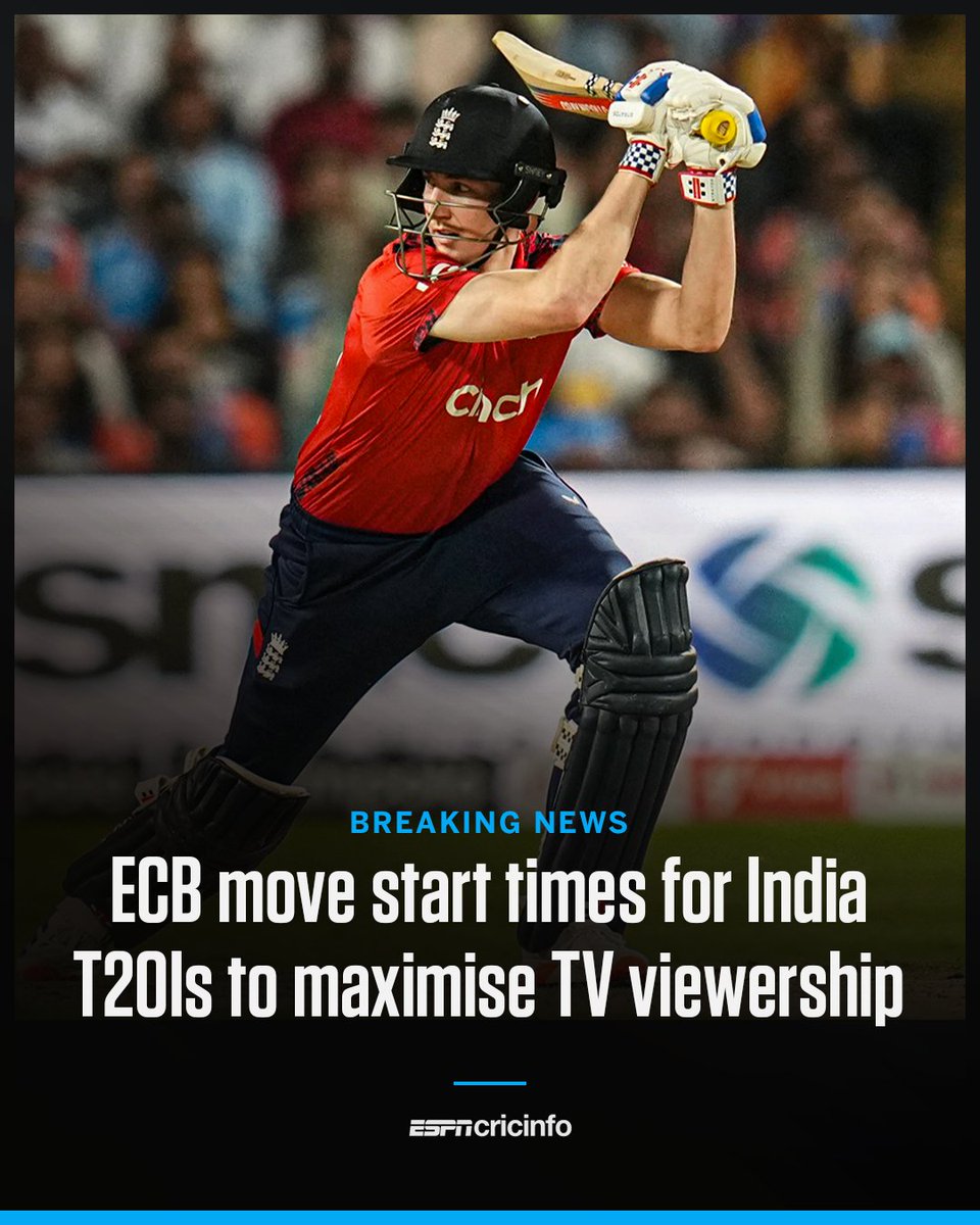 ESPNcricinfo's tweet photo. ECB have brought forward start times for England's floodlit T20Is against India next month in order to maximise TV viewing figures

The three evening games in the five-match T20I series were initially scheduled to begin at 6.30pm local time (11pm IST), as announced by the ECB last year, but have since been brought forward to 5.30pm (10pm IST) starts

Read more: https://t.co/TqFbxn6r3W