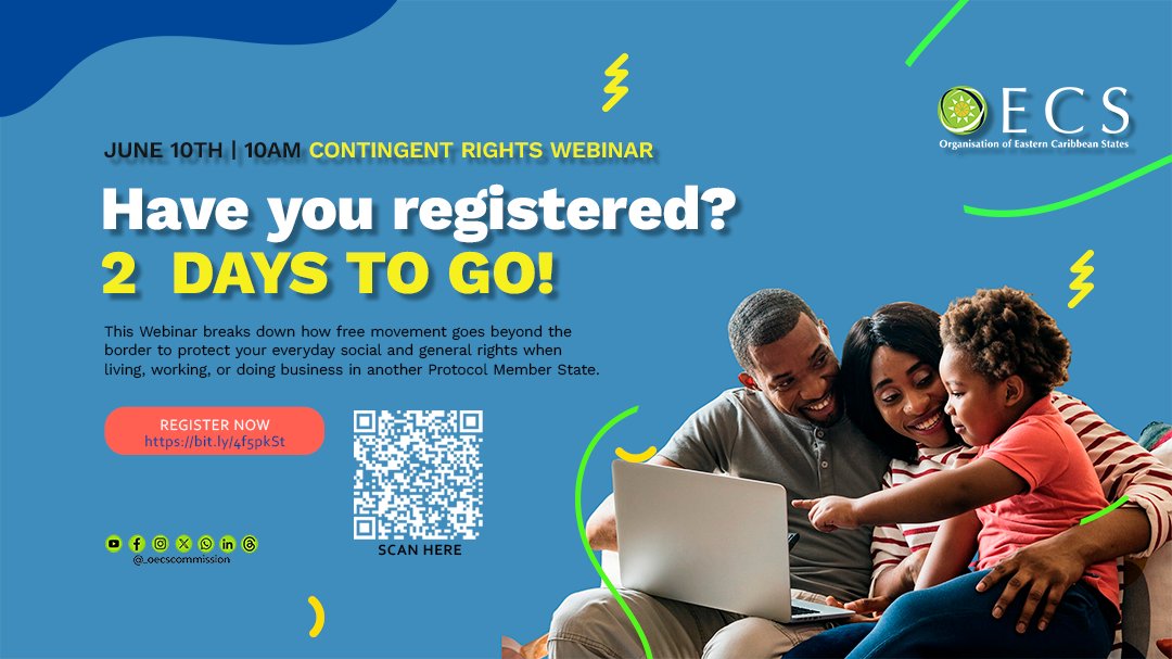 oecscommission's tweet photo. Ever wonder what Contingent Rights mean? Join our webinar on 10th June 2026 to learn more! 🔑✨ #OECS #FreeMovement #ContingentRights https://t.co/k6cBIIWhn0 https://t.co/zTnrXZucGF