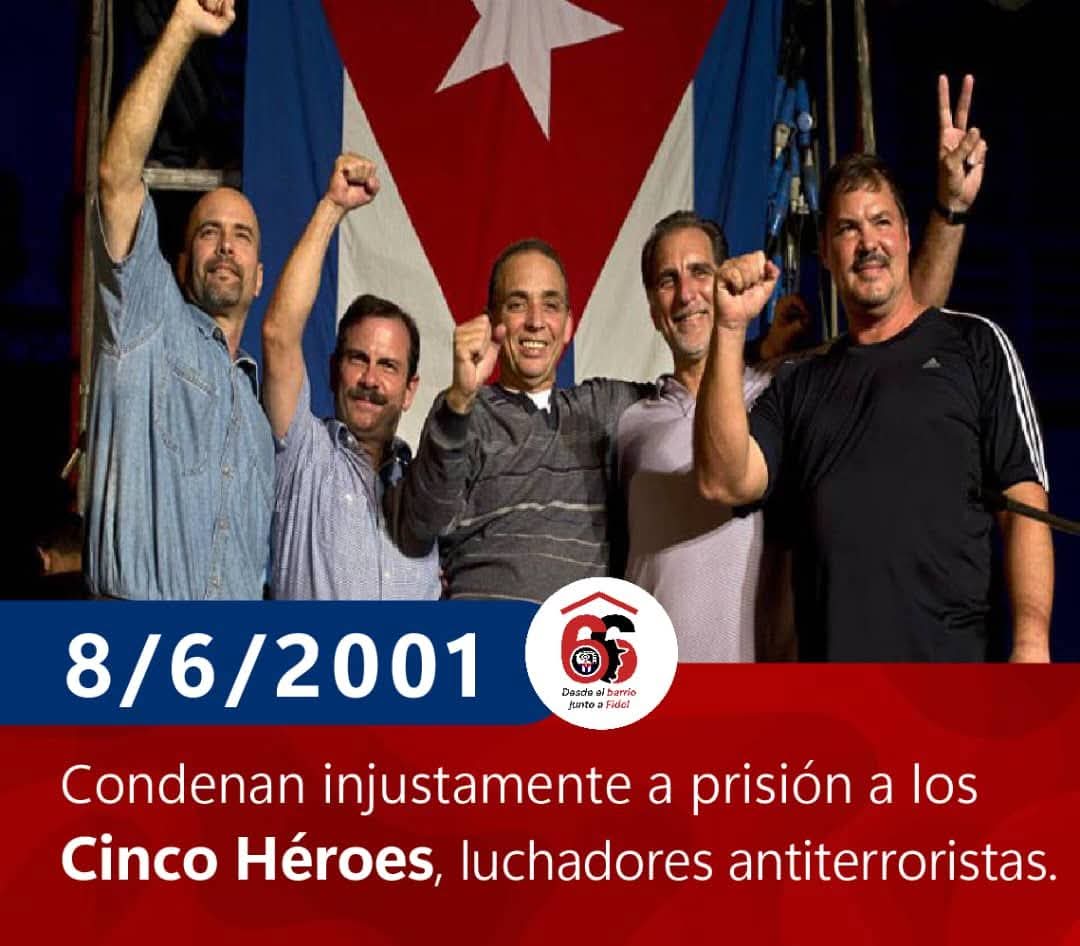 cdr_cuba's tweet photo. El 8/6/2001 concluyó en Miami, el amañado juicio llevado a cabo contra los Cinco Héroes cubanos, quienes arriesgaban diariamente su vida para descubrir e informar los planes terroristas contra nuestro pueblo. 🧵👇 https://t.co/RSMnPxVpeg