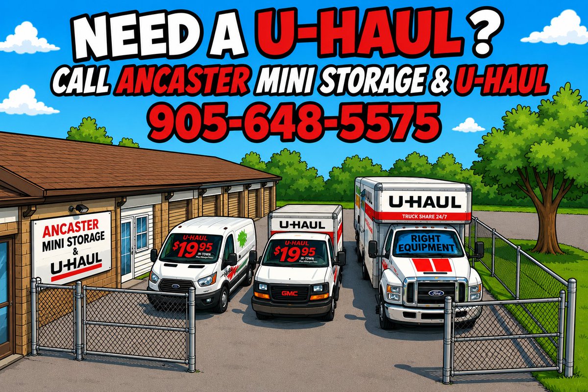 Ancasterstorage's tweet photo. Ancaster Mini Storage &amp; U-Haul is here to help with all your moving and self storage needs.  Call now ! @hamiltonchamber @Ancaster_Rotary @McMasterU https://t.co/ydDjklqq7Y