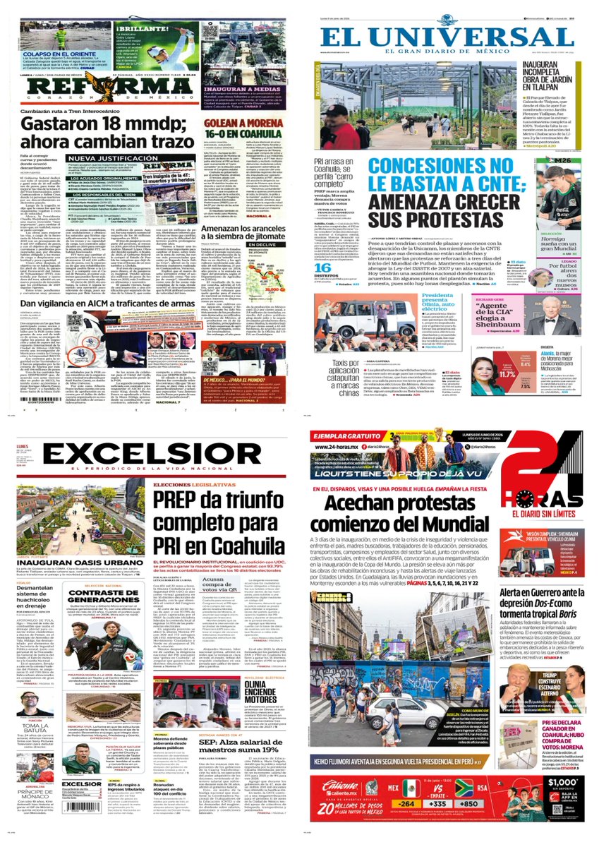 castroclemente's tweet photo. #Portadas📰
#PrimerasPlanas
- CNTE amenaza con crecer protestas
- El PRI golea 16-0 a Morena en Coahuila
- La historia de "Los Cachirules"
Hay #monos sudando miedo
TT: Olinia #Mundial #Terremoto
#TromposyPirinolas
#FelizLunes https://t.co/r1PlEzkI24