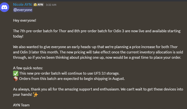 Wario64's tweet photo. Price increase planned for both AYN Thor and Odin 3 later this month

AYN Thor (Batch 7 August - $249-$549) https://t.co/4UixHOu2WD
AYN Odin 3 (Batch 8 August - $339-$489) https://t.co/7q1j1nZ99H #ad https://t.co/u6JfCTQ5b1