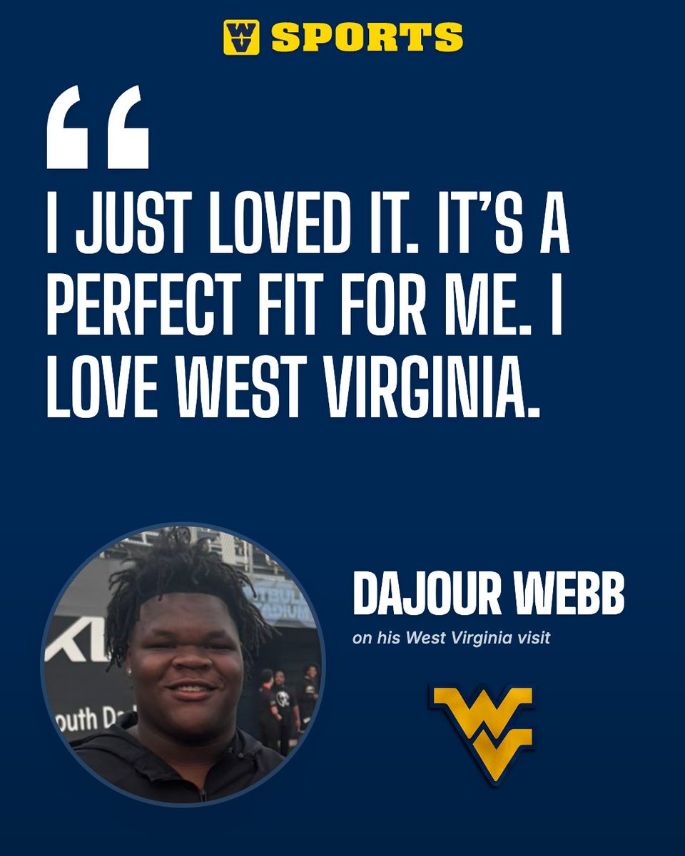 WVSportsDotCom's tweet photo. NEW: 2027 DL commit DaJour Webb's official visit to #WVU was a home run. 

Webb says he's locked in with the Mountaineers. Get his thoughts on the visit and more. @DajourWebb58 

Interview 👉 https://t.co/xVlrhOEonc https://t.co/NeTuGOaPM6