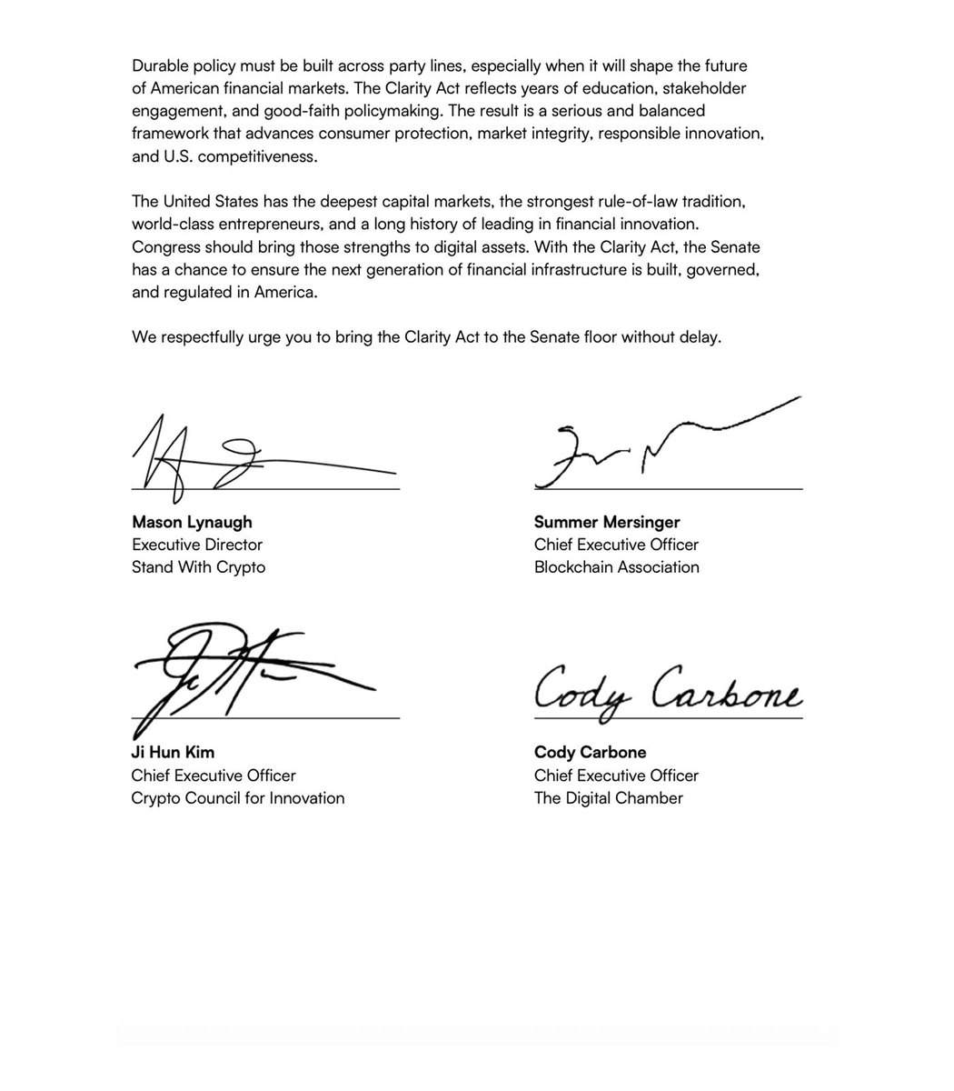 Cointelegraph's tweet photo. 🇺🇸 LATEST: Stand With Crypto and more than 200 companies and organizations have signed a letter urging Senate leaders to bring the Clarity Act to the Senate floor. https://t.co/WrQo92hLd9