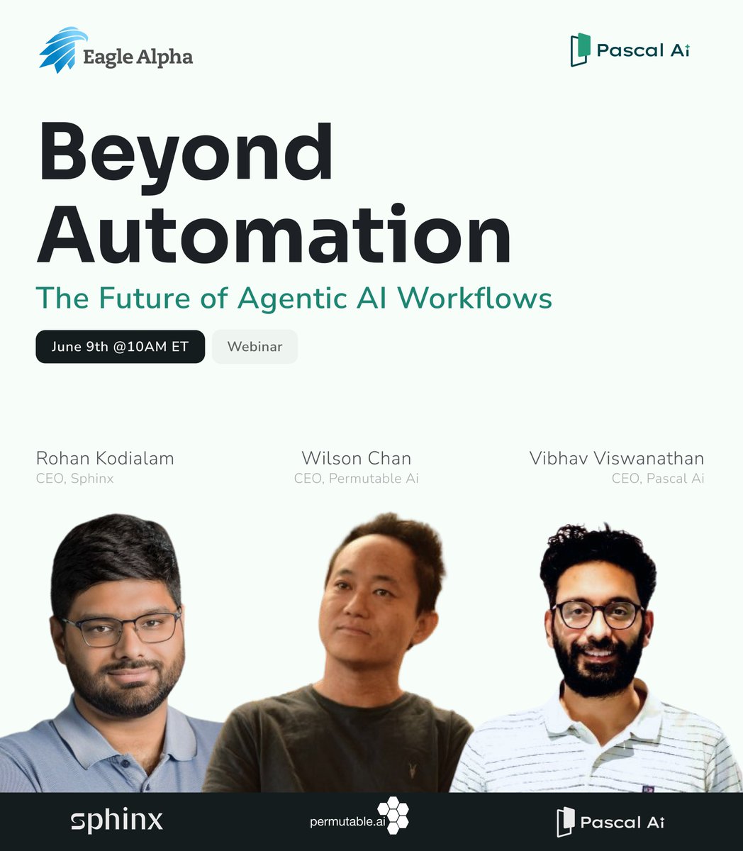 pascalailabs's tweet photo. Our Founder &amp; CEO, Vibhav Viswanathan (@v_vibhav), will be speaking at an upcoming webinar hosted by @DollarEagle.

Explore how investment teams are moving beyond AI copilots and experimenting with agentic systems.

Fill the form to request a spot: https://t.co/MmRv6O4rb4 https://t.co/RqGOSso7v1