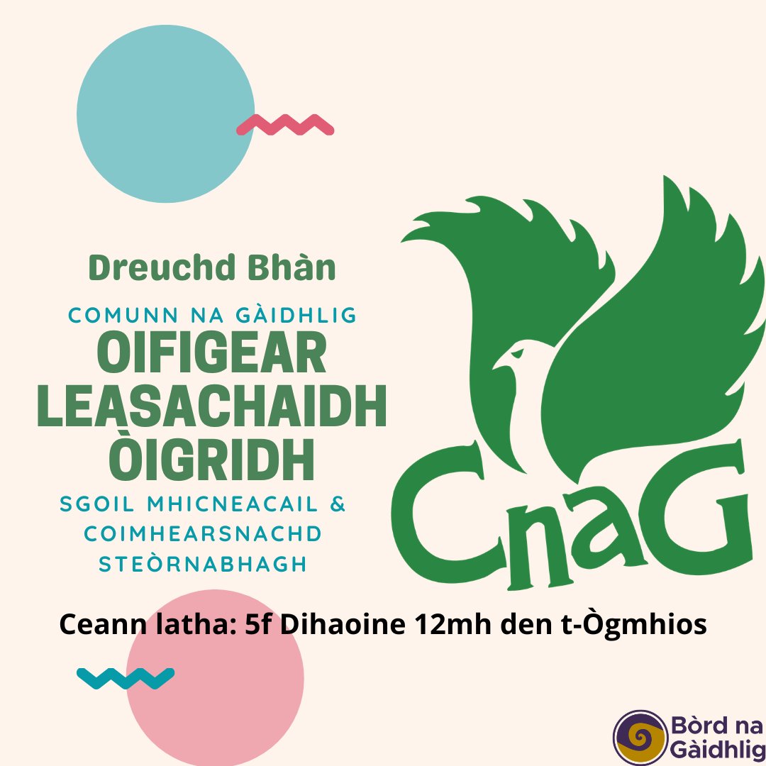 cnag_Alba's tweet photo. 🌟DREUCHDAN BÀNA🌟 - A' DÙNADH AN T-SEACHDAIN-SA!

https://t.co/Pi5CYP73sH

🌟Manaidsear Òigirdh nan Eilean Siar (Làn-ùine)
🌟Oifigear Leasachaidh Òigridh Sgoil MhicNeacail &amp; Coimhearsnachd Steòrnabhagh (Làn-ùine)

🗓️5f Dihaoine 12mh den t-Ògmhios
❓marina@cnag.org https://t.co/vpk2Q8oGmX