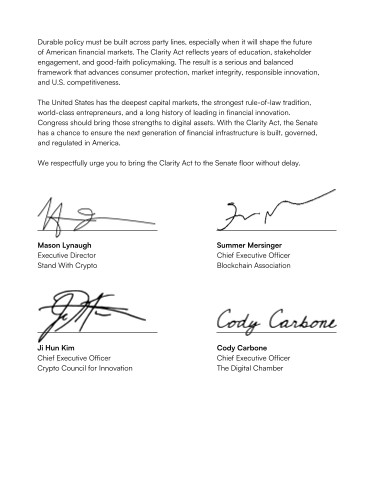 Xaif_Crypto's tweet photo. THE CRYPTO INDUSTRY JUST SENT A DIRECT LETTER TO SENATE LEADERSHIP 🇺🇸

Schedule the CLARITY Act for a FULL SENATE VOTE" signed by companies representing MILLIONS of American crypto holders, sent to THUNE and SCHUMER on June 7th

The Senate Banking Committee did its job. Now the full Senate needs to act.