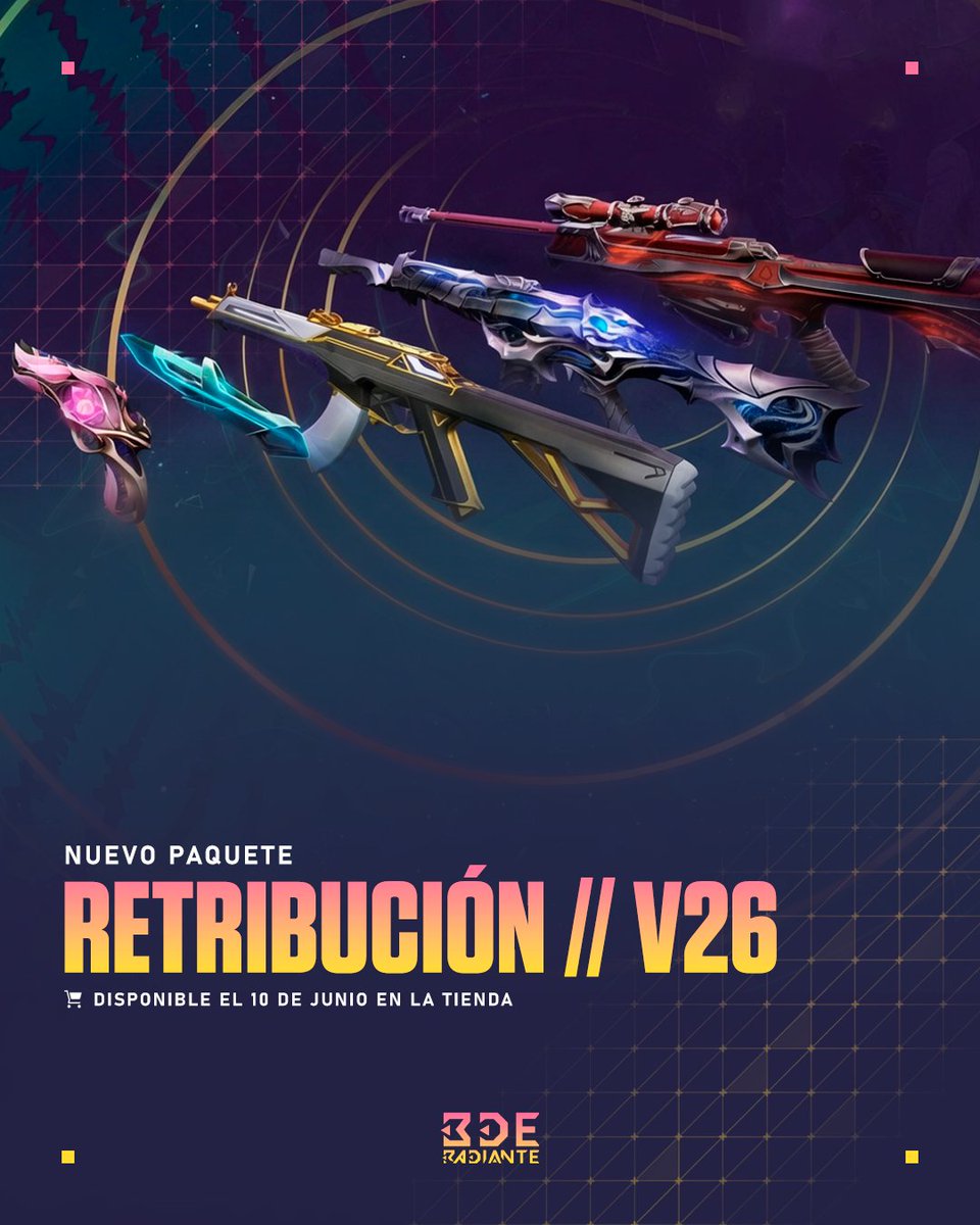 BDERADIANTE's tweet photo. Nuevo paquete de #VALORANT: Retribución V26 ⛑️

El 50% de las ganancias de las skins y el 100% de las ganancias de los cosméticos del paquete Retribución 2026 se destinarán al Fondo de Impacto Social de Riot Games, en colaboración con ImpactAssets.

• Sheriff Flora Mística ━ 2.175 VP
• Vandal Prime ━ 1.775 VP
• Phantom Primordium ━ 2.175 VP
• Operator Reaver ━ 1.775 VP
• Cuchillo XERØFANG ━ 4.350 VP

A la espera de conocer el precio del paquete. El año pasado costó 6.975 VP, pero en esa ocasión no incluía skins de categoría exclusiva.

🛒 Disponible el 10 de junio en la tienda