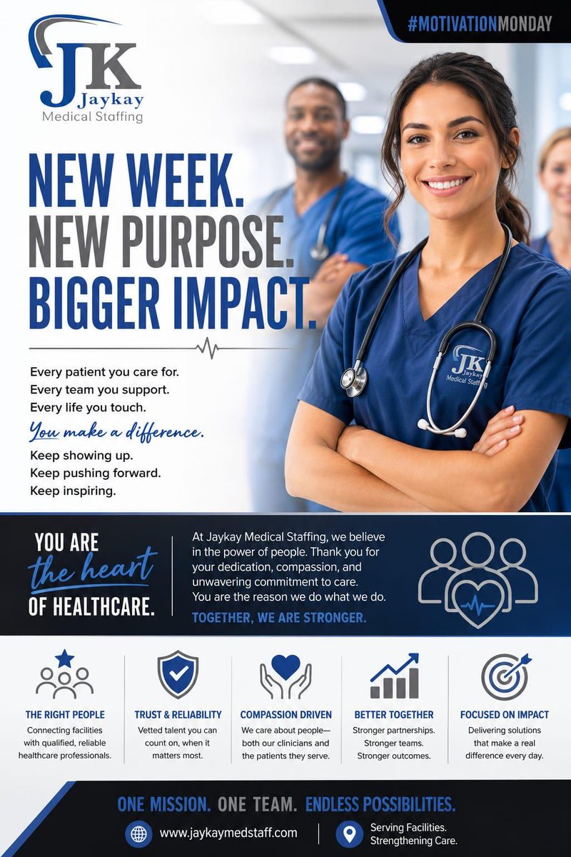 JaykayMedical's tweet photo. New week. New purpose. Bigger impact. 💙
Every patient. Every team. Every life, you make the difference.
To our healthcare heroes, thank you for showing up and giving your all. 🙌
#MotivationMonday #HealthcareHeroes #MakeAnImpact #StrongerTogether https://t.co/Rc1urXNMXG
