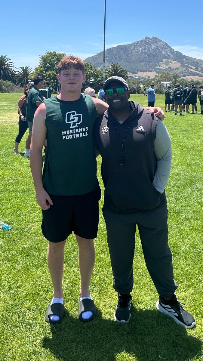 KyleDewey's tweet photo. Had a great camp day with @calpolyfootball, nice to see @CoachMarkarian, Also @CoachTSkip who was at my first camp freshman year (last picture).  @CoachEBrown Got some quality work in! https://t.co/BdNieL62Dy