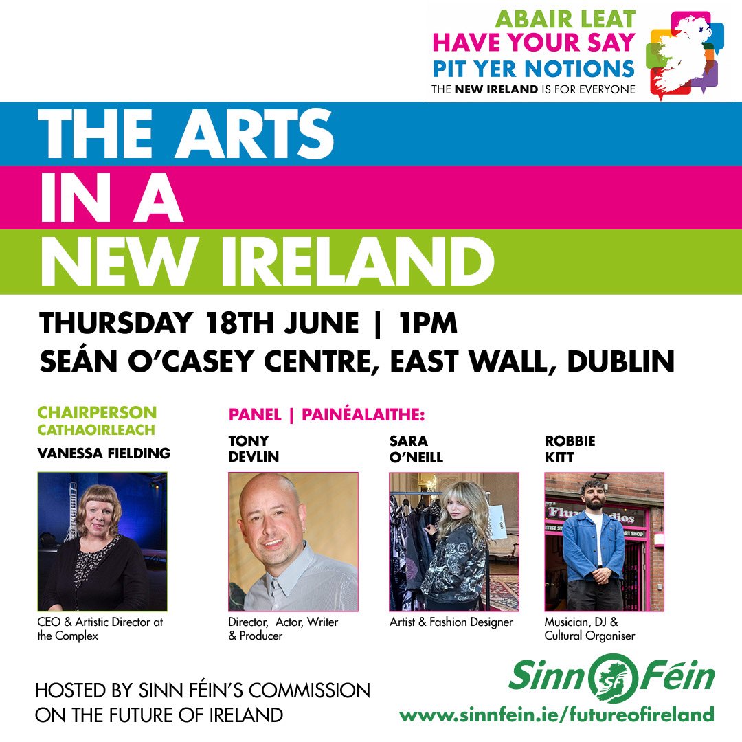 SF_Commission's tweet photo. We are delighted to announce our fantastic panel for our upcoming discussion on ‘The Arts in a New Ireland’. 

You can register to attend here: https://t.co/Q87WY8Y9zu

This panel will bring a wealth of experience to the discussion on our future. 

Bígí linn! https://t.co/1SpiSRG2Ah