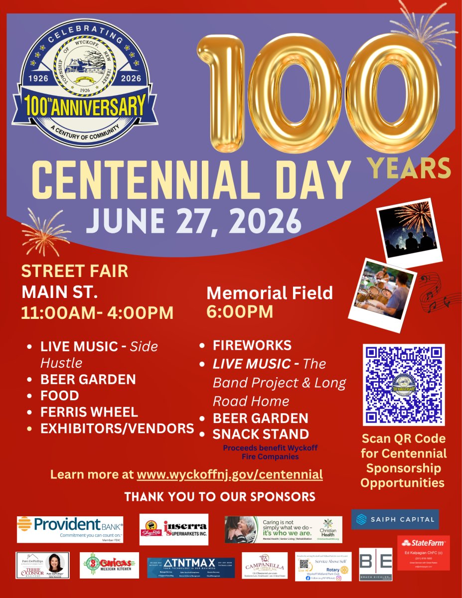 ManningMktg's tweet photo. 🎉 Save the date! Wyckoff's Centennial Day Celebration is Saturday, June 27, 2026! 🎡🎶🍔✨ Bring the whole family for live music, food, rides, fireworks &amp; more!

Details: https://t.co/GSIN6KA1sp

#WyckoffCentennial #WyckoffNJ #BergenCountyNJ https://t.co/ELu5HbDCOo