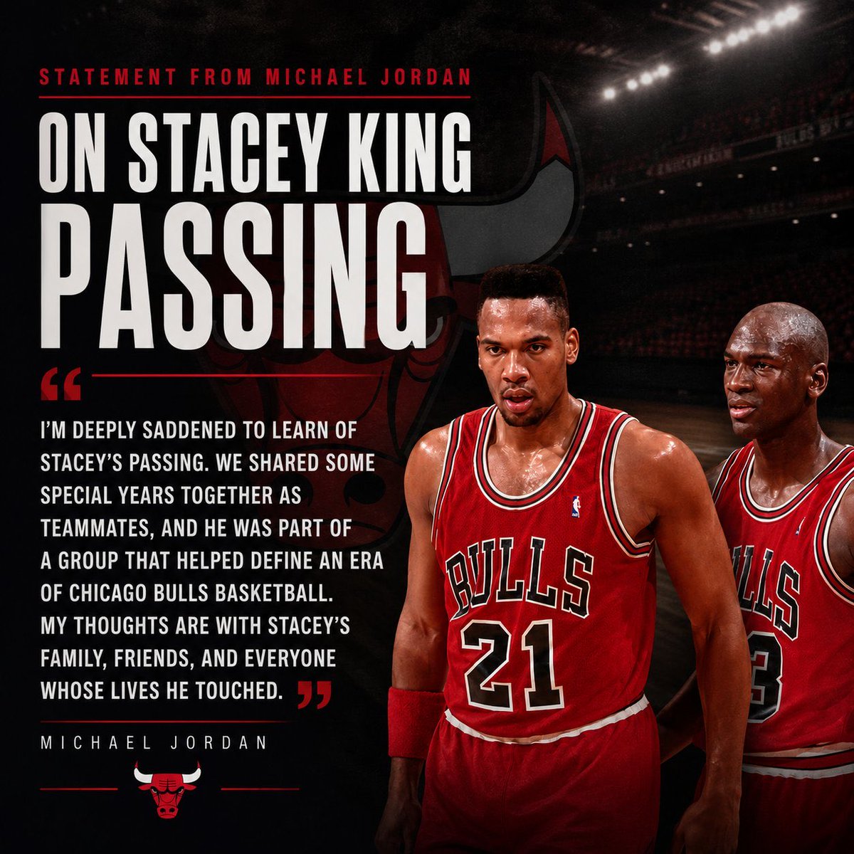 Bullskickass's tweet photo. Michael Jordan and Scottie Pippen both posted beautiful tributes to Stacey King. It’d mean a lot to see them put the past behind them and come together to celebrate one of their championship brothers. RIP, Stacey. https://t.co/JsTmSg5WxP