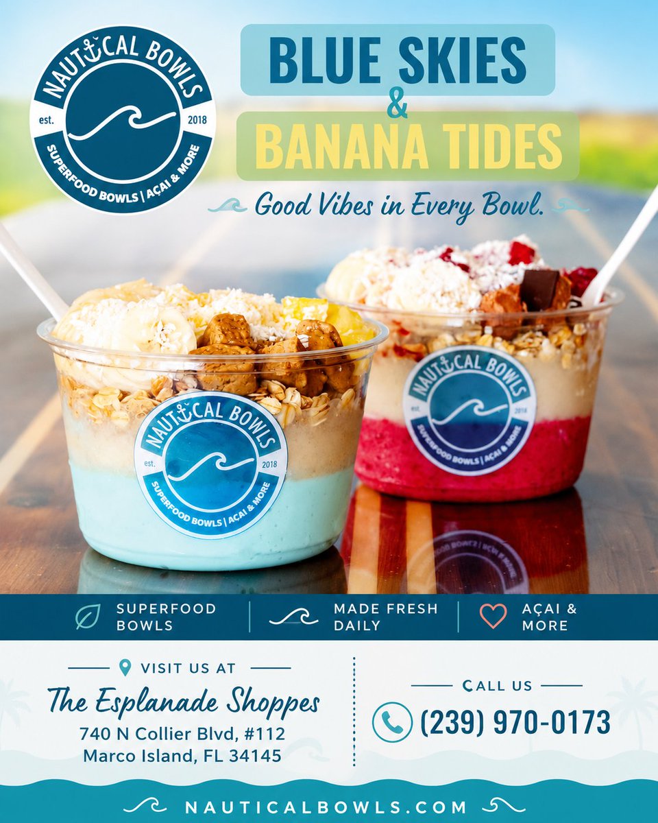 EsplanadeShop's tweet photo. ☀️🌊 Blue Skies & Banana Tides — that's the summer forecast at Nautical Bowls at The Esplanade Shoppes on Marco Island! 🍓🍌

Strawberry and Banana are the flavor duo of your dreams, and this summer they're taking center stage in our delicious Limited-Time-Only featured bowls! Looking to power up your favorite bowl? Try our NEW Strawberry Protein Crumbles or Banana Protein Crumbles and add them to any featured bowl or create your own custom masterpiece.

Fresh, flavorful, and packed with goodness, these summer favorites won't be around forever, so stop by and treat yourself today!

📍 Nautical Bowls at The Esplanade Shoppes
740 N Collier Blvd, #112
Marco Island, FL 34145
📞 (239) 970-0173

Now tell us... Which side are you on?
🍓 Team Strawberry or 🍌 Team Banana?

#NauticalBowls #SummerLineup #LimitedTimeOnly #ProteinCrumbles #MarcoIsland #TheEsplanadeShoppes #HealthyEating #AcaiBowls #SuperfoodBowls #MarcoIslandFlorida #SummerTreats