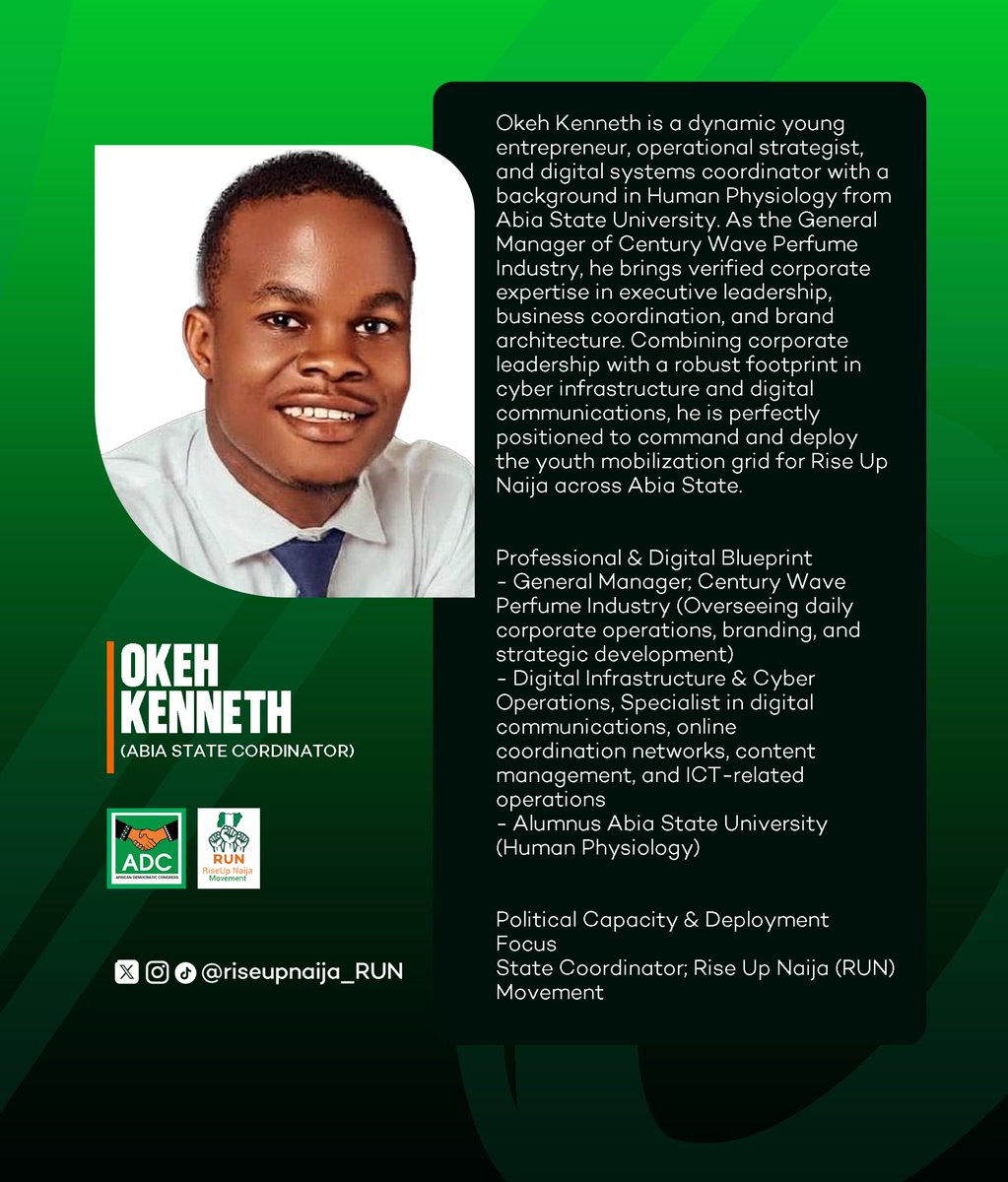 RiseUpNaija_RUN's tweet photo. COMMAND ANNOUNCEMENT: Abia State structure is officially LIVE! 🚨

Meet Okeh Kenneth, the official Rise Up Naija State Coordinator for Abia State.

He brings elite operational strategy and cyber-coordination mastery to command our grid in God's Own State. 🦅 https://t.co/LHjaa9gvy3