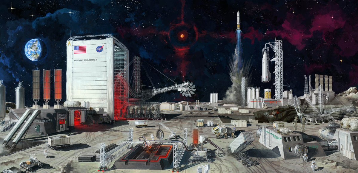 Space_Strategy's tweet photo. Not sure who made this, but you did an excellent job depicting a lunar industrial base. https://t.co/oAbiWwql2w
