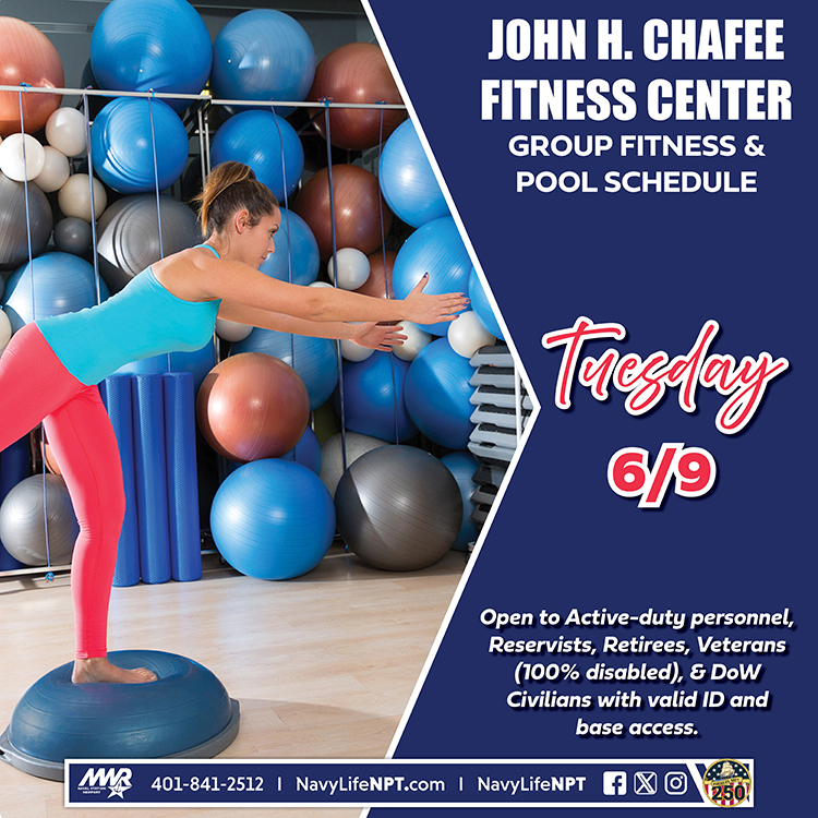 NavyLifeNPT's tweet photo. Tuesday's group fitness classes at the John H. Chafee Fitness Center

KICKBOXING 9 - 10 am 
LES MILLS BODYPUMP™ 10:15 - 11 am 
YOGA 11:15 am - 12:15 pm 
CYCLE  3:30 - 4:30 pm 

POOL: 6 am- 2 pm Adult (18+) Lap Swim

#NAVSTANPTMWR #NavyLIFEMWR #GroupFitness #FitnessCenter https://t.co/9DJGuw25WF