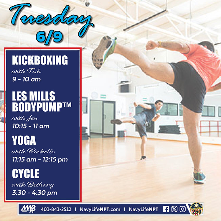 NavyLifeNPT's tweet photo. Tuesday's group fitness classes at the John H. Chafee Fitness Center

KICKBOXING 9 - 10 am 
LES MILLS BODYPUMP™ 10:15 - 11 am 
YOGA 11:15 am - 12:15 pm 
CYCLE  3:30 - 4:30 pm 

POOL: 6 am- 2 pm Adult (18+) Lap Swim

#NAVSTANPTMWR #NavyLIFEMWR #GroupFitness #FitnessCenter https://t.co/9DJGuw25WF