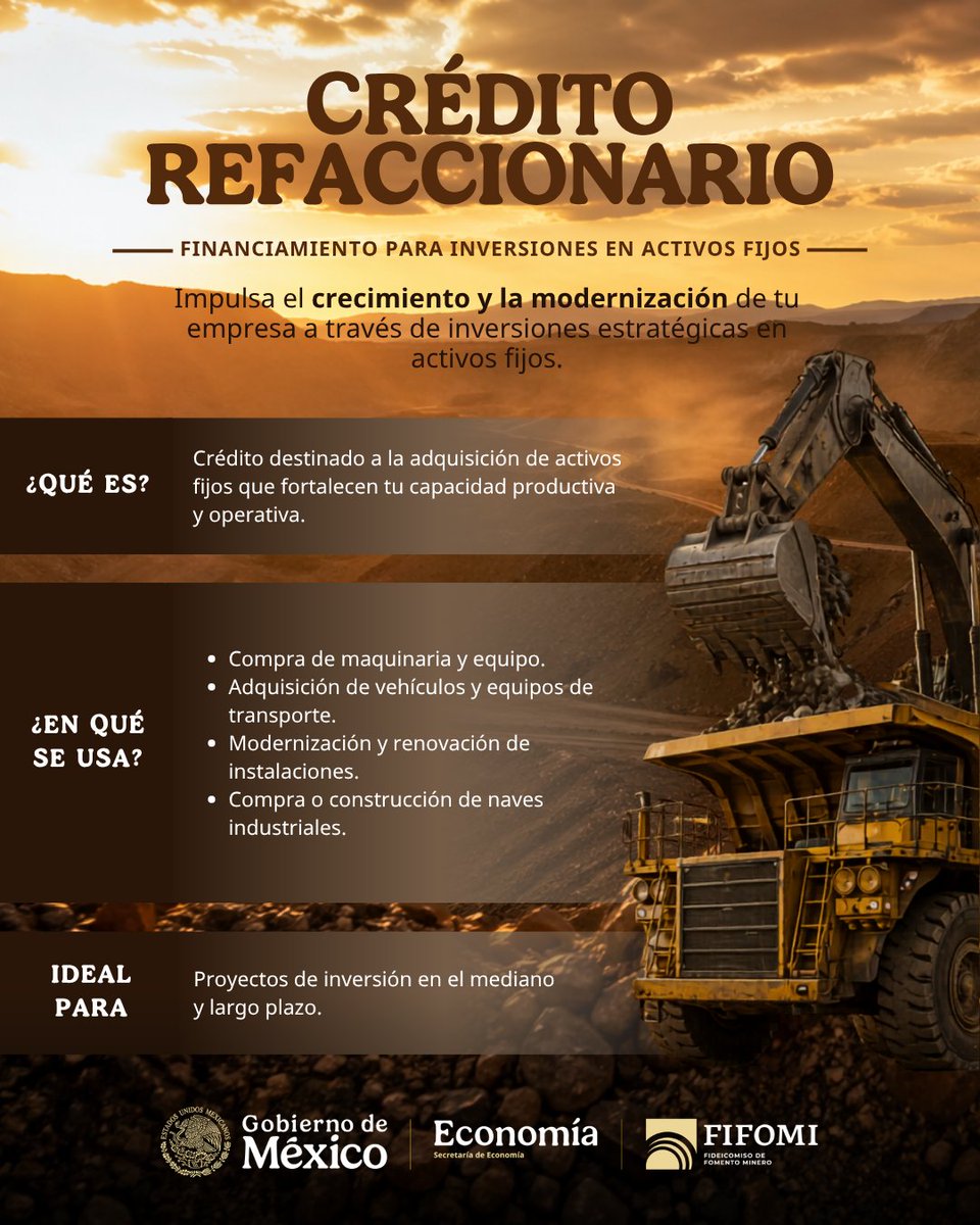FIFOMI's tweet photo. ¿Planeas invertir en maquinaria, equipo o infraestructura? 🏗️

El Crédito Refaccionario te ayuda a financiar activos fijos para impulsar el crecimiento y la modernización de tu empresa. 🚜

#FIFOMI #CréditoRefaccionario #Minería #Financiamiento #HechoEnMéxico https://t.co/rOEFDk6ttQ