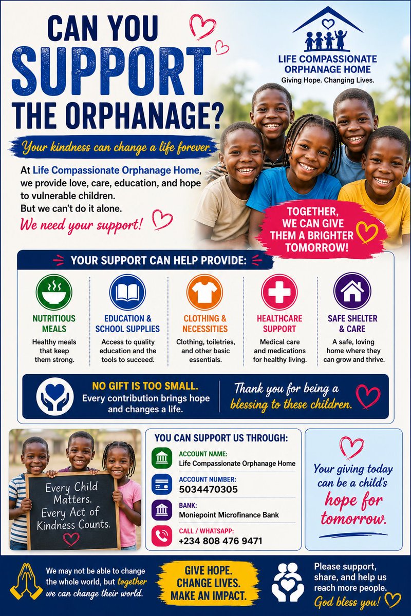 LifeOrphanage_'s tweet photo. 💙 Can you support the orphanage?

Your kindness can provide food, education, healthcare, clothing, and shelter for vulnerable children.

Every donation matters. Every child matters.

🙏 Help us give hope and build brighter futures.

#SupportTheOrphanage #GiveHope #SupportOrphans #EveryChildMatters 💙