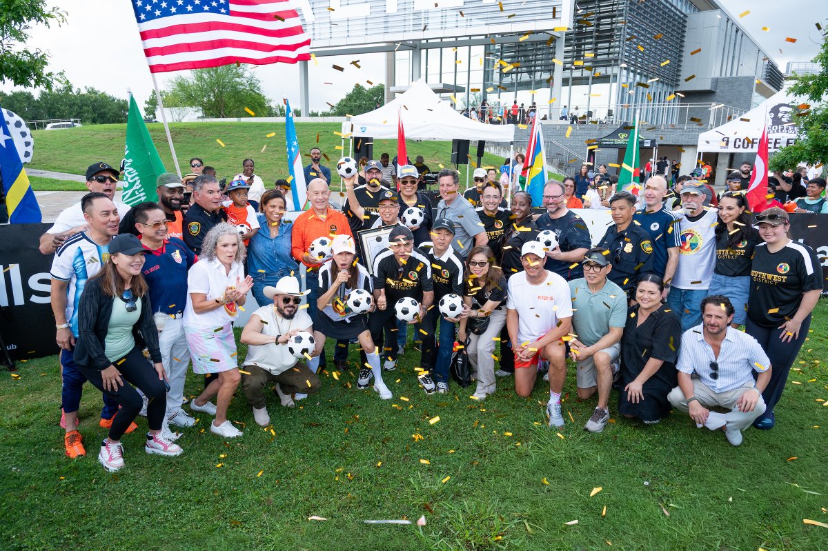 SouthwestMD's tweet photo. This is how a vision comes to life! 🌟 Huge thanks to Dawn Lin for elevating our presence during the World Cup! Together with Mayor Whitmire, John Hernandez, and our partners, we celebrated SW Houston's rich diversity! 🏆 #HoustonWorldCup #CommunityUnity https://t.co/lofj8TGg9i