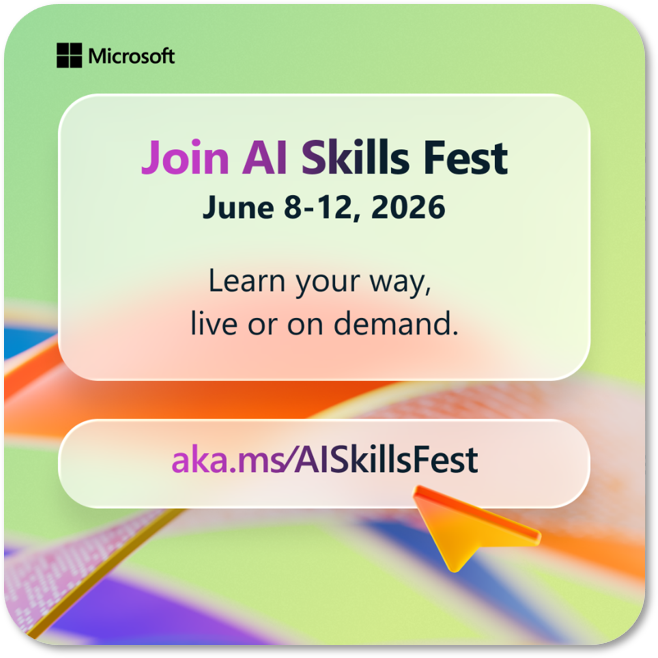 MSTCommunity's tweet photo. AI Skills Fest is LIVE 🎉

From June 8–12, build your AI skills, explore hands-on learning, and level up with the latest from Microsoft.

Start now 👉 https://t.co/ZWzPNgwvfZ

#AISkillsFest #MicrosoftAI #Copilot #LearnAI https://t.co/JZ0xnFJ997