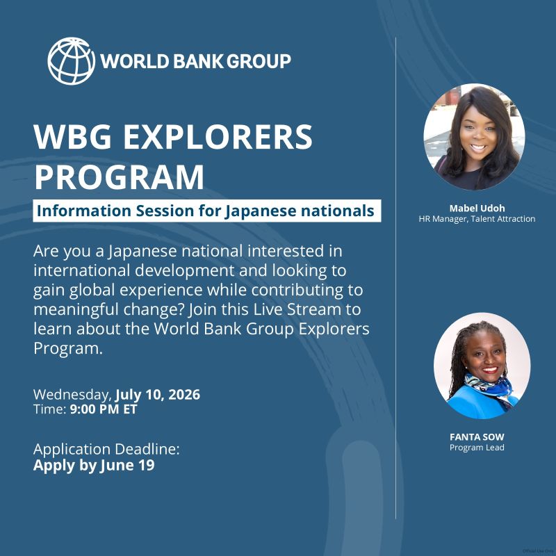 AnnaKFrick's tweet photo. Japanese nationals — the WBG Explorers Program is now open. A 2-year early-career opportunity in international development, working in country offices alongside experienced practitioners. Deadline: June 19. Apply: https://t.co/1flBEqNMgY #WBGExplorers #Japan https://t.co/iqg4dVc4Ef
