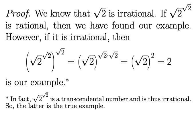 abakcus's tweet photo. Show that there exist irrational numbers x and y such that x^y is rational. https://t.co/XVb7eaMxck