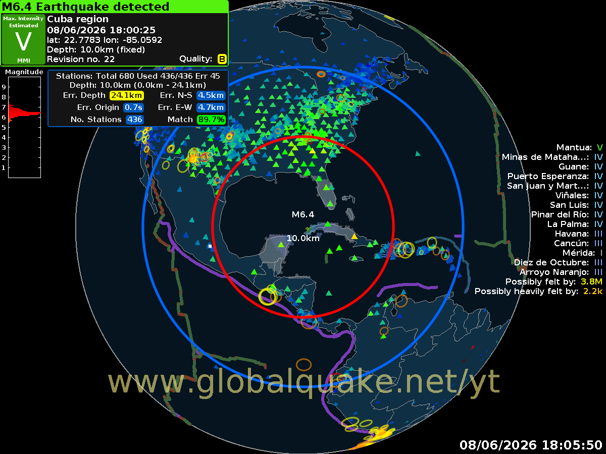 StrandenWX's tweet photo. Preliminary 6.4 earthquake via Globalquake hits just off shore Cuba, felt in Tampa and other areas in Florida. https://t.co/TGs9J6fVPN