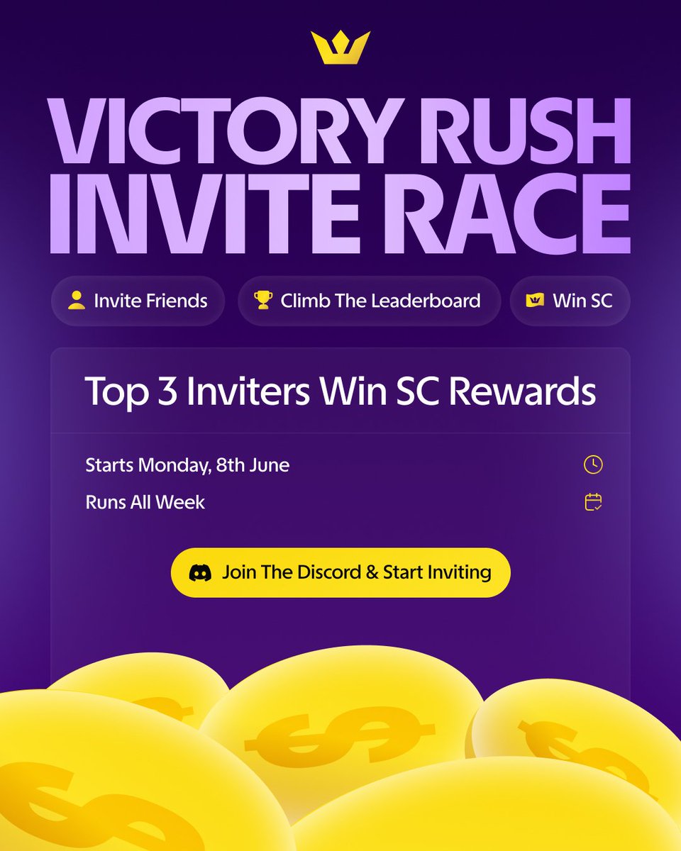 VictoryRushFun's tweet photo. 🚨 INVITE RACE STARTS TODAY 🚨

The Top 3 inviters will earn big SC rewards

You have till the end of the week 🏆 https://t.co/DAsaxV5b98