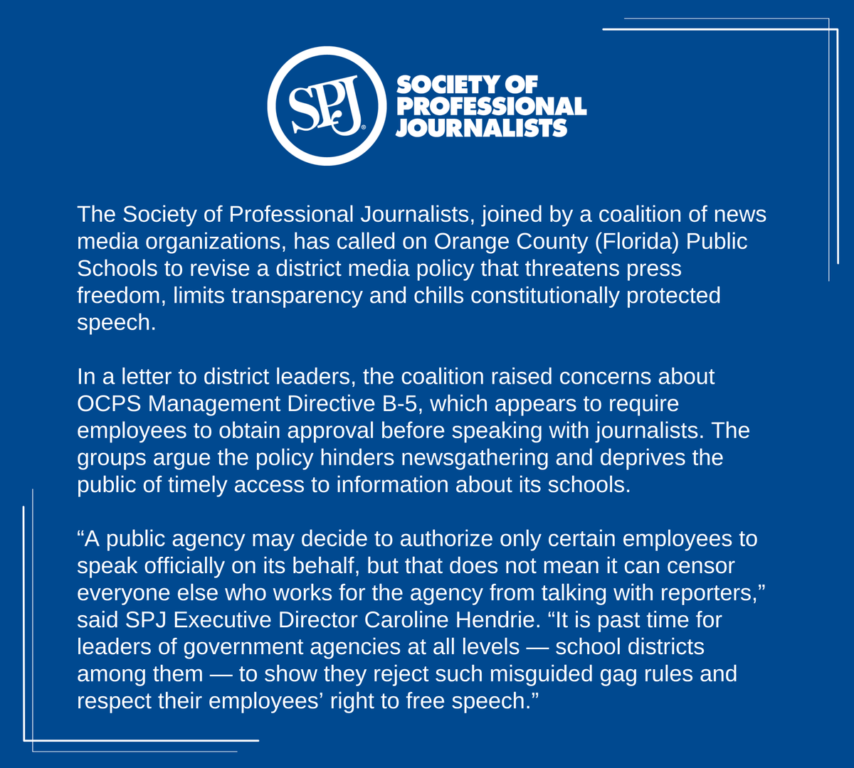 spj_tweets's tweet photo. SPJ joined by a coalition of news media organizations, has called on @OCPSnews to revise a district media policy that threatens press freedom, limits transparency and chills constitutionally protected speech.

🔗Full letter: https://t.co/nUqLMjnAx8 https://t.co/qBnzNcQWsz
