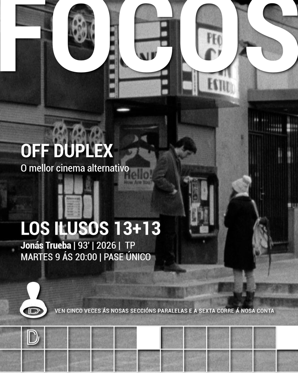 duplex_cinema's tweet photo. Mañá, martes 9 ás 20:00, PASE ÚNCO de 'Los ilusos 13+13', de Jonás Trueba
“Unha nova e deliciosa ollada para redescubrir un dos filmes chave do cinema español contemporáneo” (Cuadernos de cine)
🎟️🎟️Entradas a 3,50€ #FestadoCine 
#FOCOS @LosIlusosFilms 
https://t.co/yo00AuMLcK https://t.co/PIoD9CAZWP
