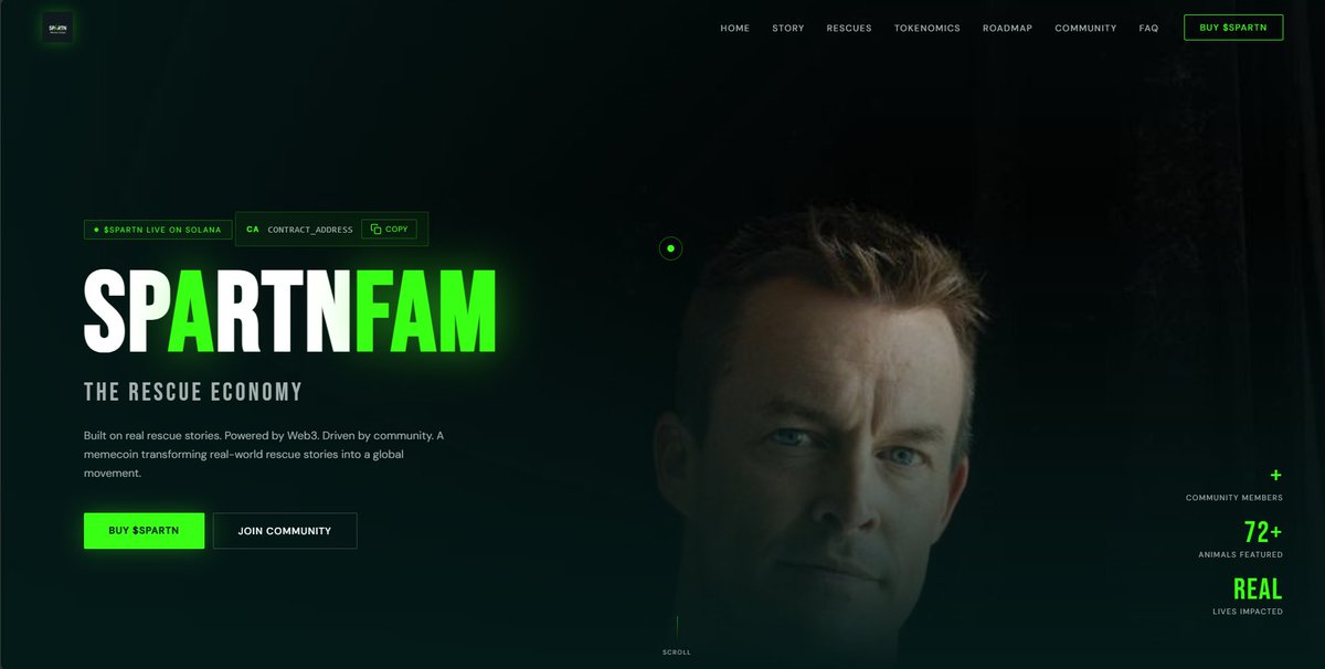 SPARTNfam's tweet photo. SPARTN Website is Now Live!

The official $SPARTN website is officially LIVE

This is the first step in building the SPARTN ecosystem — a community-driven memecoin inspired by real rescue stories.

Check it out, explore, Launch coming soon

https://t.co/VE39msSCLQ

#SPARTNFAM https://t.co/tzwTo1yKGO