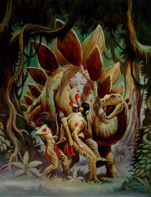 fabiaschi's tweet photo. Don Marquez
tribute artwork 
Turok, Son of Stone was one of my favorite comic books as a kid. Here's a picture of Turok and Andar coming face to face with a stegosaurus. https://t.co/3pnQCq4G3r