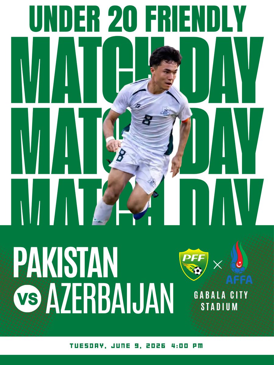 UltraShaheens's tweet photo. MATCHDAY 

🇵🇰 Pakistan U-20 🆚 Azerbaijan U-20 🇦🇿

📅 9 June 2026
🕓 4:00 PM (PST)
📍 Gabala City Stadium, Azerbaijan 

A great chance for Pakistan’s rising talent to show their talent on International Stage. https://t.co/TfVQy1pYX0