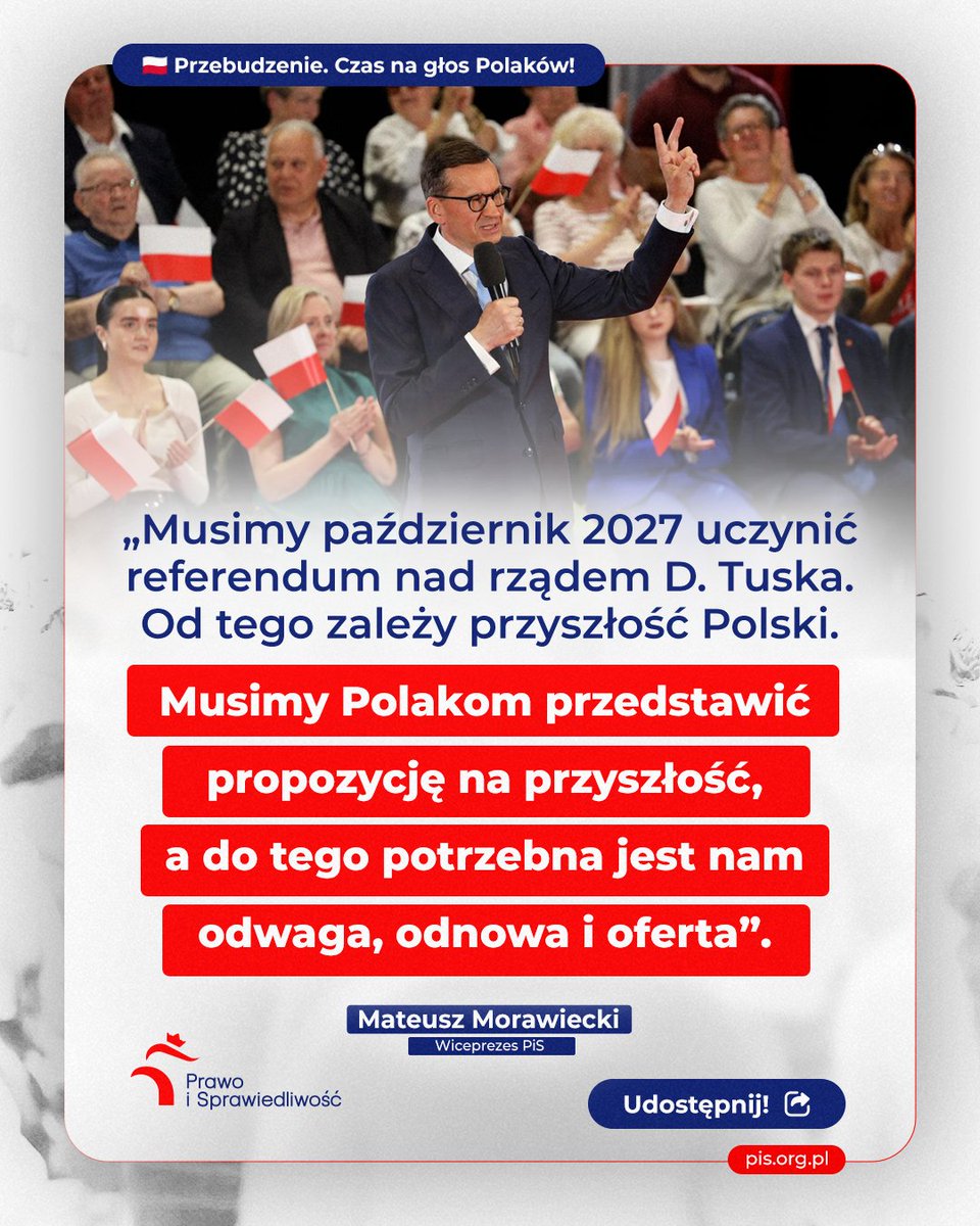 pisorgpl's tweet photo. 🇵🇱 Musimy Polakom przedstawić propozycję na przyszłość, a do tego potrzebna jest nam odwaga, odnowa i oferta - Wiceprezes PiS @MorawieckiM.
👉 Udostępnij! #PrzebudzeniePL https://t.co/5jkJCckwjV