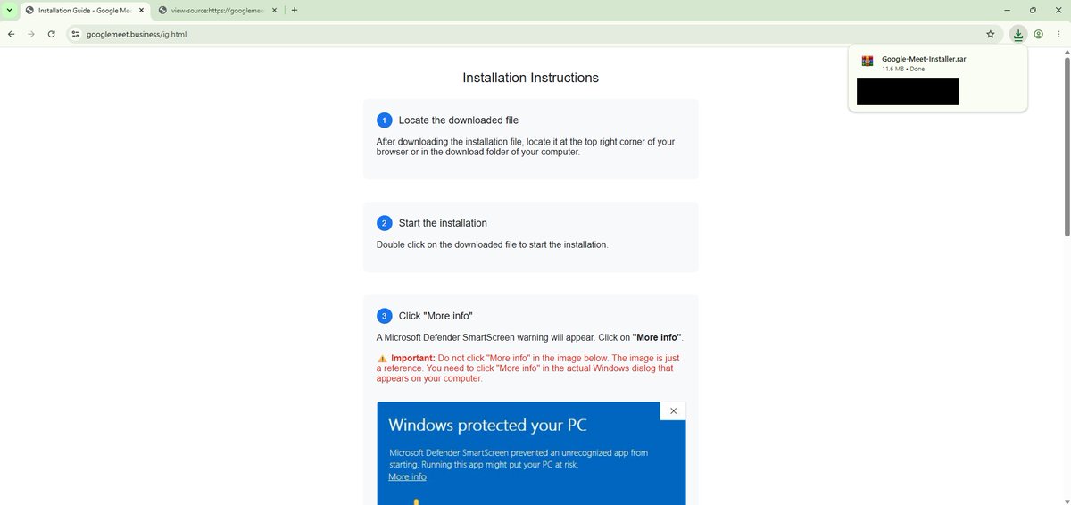 Malwarehunterr's tweet photo. 🚨 Fake Google Meet site distributing Remcos RAT.

Victims are presented with a fake Google Meet page, prompted to "update" their client, and instructed to bypass Microsoft Defender SmartScreen warnings. The downloaded archive contains a renamed Haihaisoft PDF Reader executable (hpreader.exe).

IOCs:

Domain: hxxtp://googlemeet[.]business
file name: hpreader.exe
SHA256: 08c7fb6067acc8ac207d28ab616c9ea5bc0d394956455d6a3eecb73f8010f7a2

#malware #phishing #Remcos @malwrhunterteam @500mk500