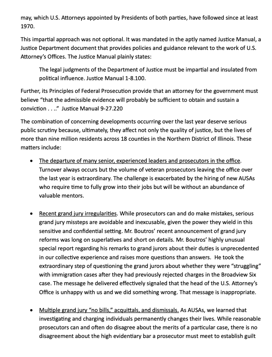 SeidelContent's tweet photo. JUST IN: 111 ex-federal prosecutors who served in the Northern District of Illinois have issued a statement about U.S. Attorney Andrew Boutros' office, expressing concern about an exodus of talent, grand jury irregularities, collapsed cases and a breach of trust with judges: https://t.co/Jbn2njoReV