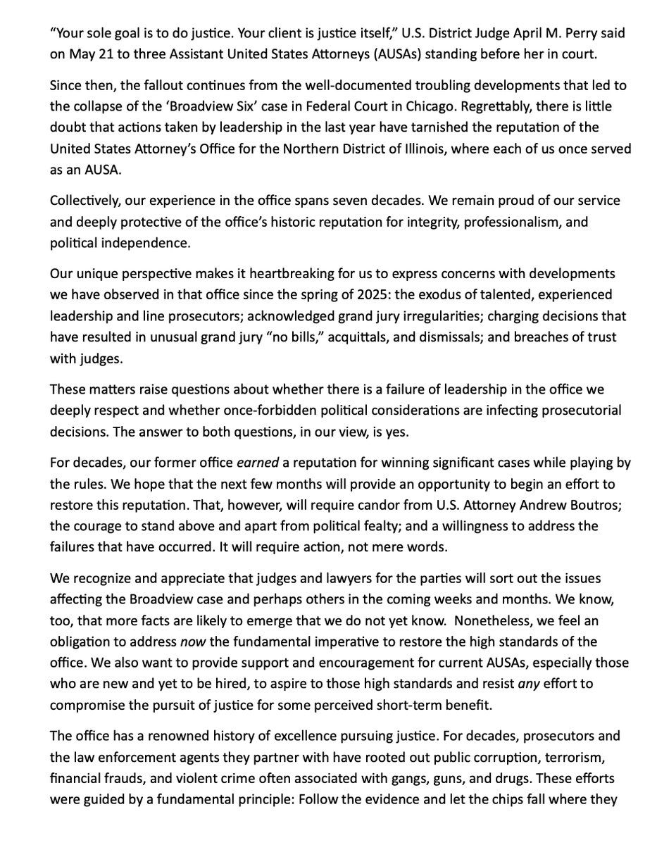 SeidelContent's tweet photo. JUST IN: 111 ex-federal prosecutors who served in the Northern District of Illinois have issued a statement about U.S. Attorney Andrew Boutros' office, expressing concern about an exodus of talent, grand jury irregularities, collapsed cases and a breach of trust with judges: https://t.co/Jbn2njoReV