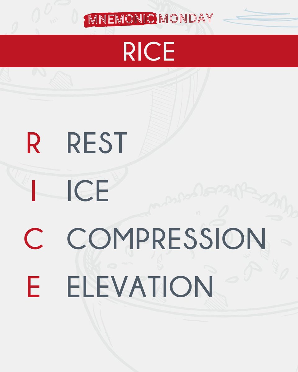 elitemedicprep's tweet photo. Happy Mnemonic Monday! 👏⁠
⁠
The RICE mnemonic can be used to remember the generic treatment strategy for sprains and bruises!

Studying for a medical exam and looking for some help? Visit the EMP Blog for a free downloadable resource- Top USMLE Step 1 Mnemonics Guide https://t.co/Na6PeTJJaI