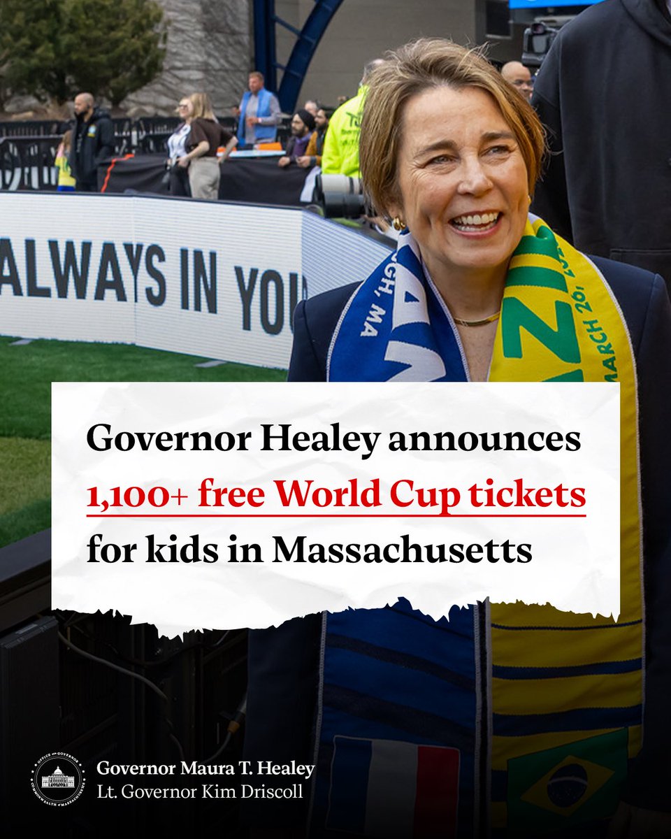 MassGovernor's tweet photo. HUGE NEWS: Thanks to @Airbnb, 1,100 kids from across Massachusetts are getting tickets to the World Cup — for free. 

The world's biggest sporting event is coming to our backyard, and we're making sure more young people have the chance to be part of the action. https://t.co/cFsngkf9M0