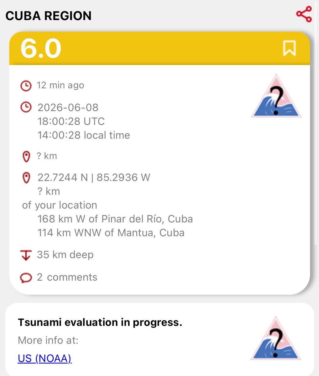 WeatherMonitors's tweet photo. JUST IN: A preliminary 6.1-magnitude earthquake has been reported in the Cuba region. https://t.co/1N7BZgj01b