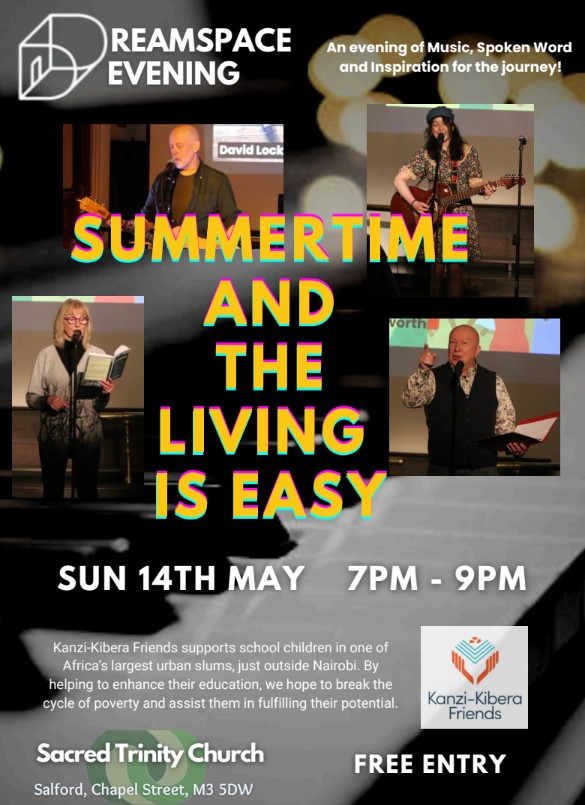 DreamSpaceCrea1's tweet photo. Summertime &amp; the Living is Easy.  Come along to a sunshine-filled DreamSpace Evening on Sun 14 June at Sacred Trinity, Salford 7-9pm. The usual blend of songwriters &amp; poets, simply oozing with creativity. See you there! #dreamspace #summertime #sacredsalford #kanzikiberafriends https://t.co/EfI9eAkbM5