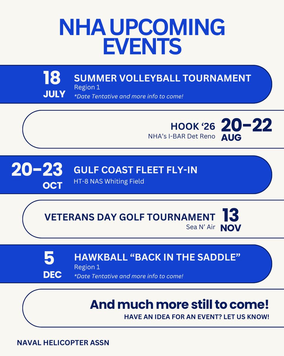 NavalHelicopter's tweet photo. It's time to get our your calendar and save some dates! 

We have lots of exciting event coming up and cannot wait to see you at all of them! Have an idea and want NHA involved? Let us know!

What occasion are you most pumped for? https://t.co/lIFvdQD4c4