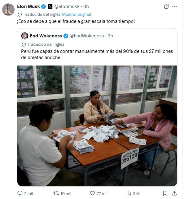 JulianMaciasT's tweet photo. El conteo de votos está siendo calcado al de hace 5 años. Elon Musk y Javier Negre han sacado el fantasma del fraude electoral sin ninguna prueba, como hizo Keiko hace 5 años y hace unas semanas López Aliaga. https://t.co/QSPjM4Gq2p