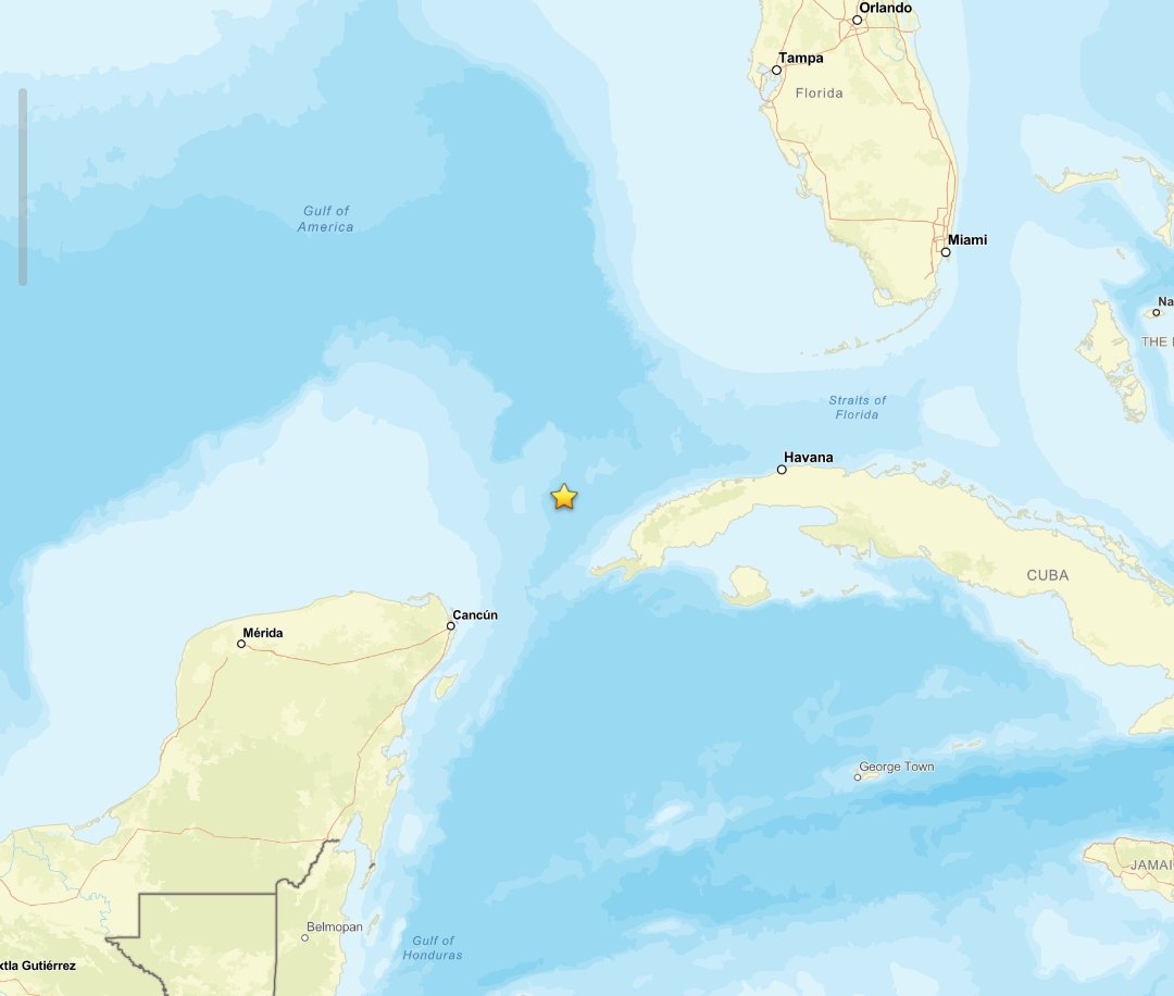PCAlertMx's tweet photo. 🇨🇺 Internacional | #Sismo M6.3 (USGS) en las costas de #Cuba.

🟡 Posibles percepciones Moderadas a Fuertes cerca de la zona epicentral.
🟢 Percepciones Ligeras a Moderadas en costas de #QuintanaRoo y #Yucatán.

Información preliminar, sujeta a actualización. https://t.co/fOSSuJH1o6