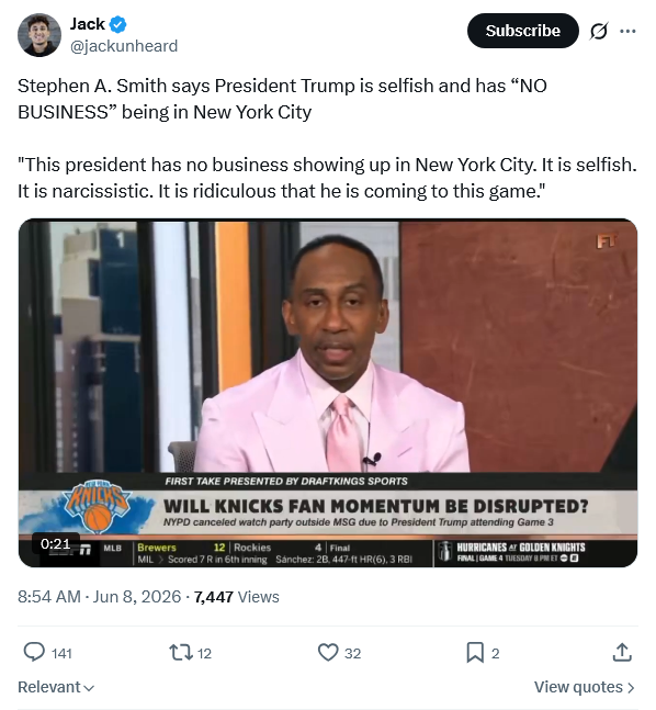 DavidDansker's tweet photo. @jackunheard "This president has no business showing up in New York City. It is selfish. It is narcissistic." 

- says the man in a pink suit, pink shirt, and pink tie. https://t.co/TO8gZfhaZA