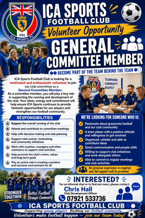 icasports's tweet photo. Join the ICA Sports Football Club Committee - Become part of the team behind the team and help shape the future of grassroots football in our community. #Pitchero
https://t.co/cDl2sSN11i https://t.co/LlVPSQkzJL