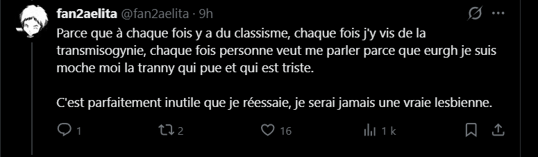 Poy00000000's tweet photo. Pk une meuf trans tox + que marginalisée qui a vécu classisme, transmisogynie et isolement à chaque évènement lesbien auquel elle est allée se méfie ++ d'évènements lesbiens ? I wonder why huh https://t.co/aIaUiawsOX